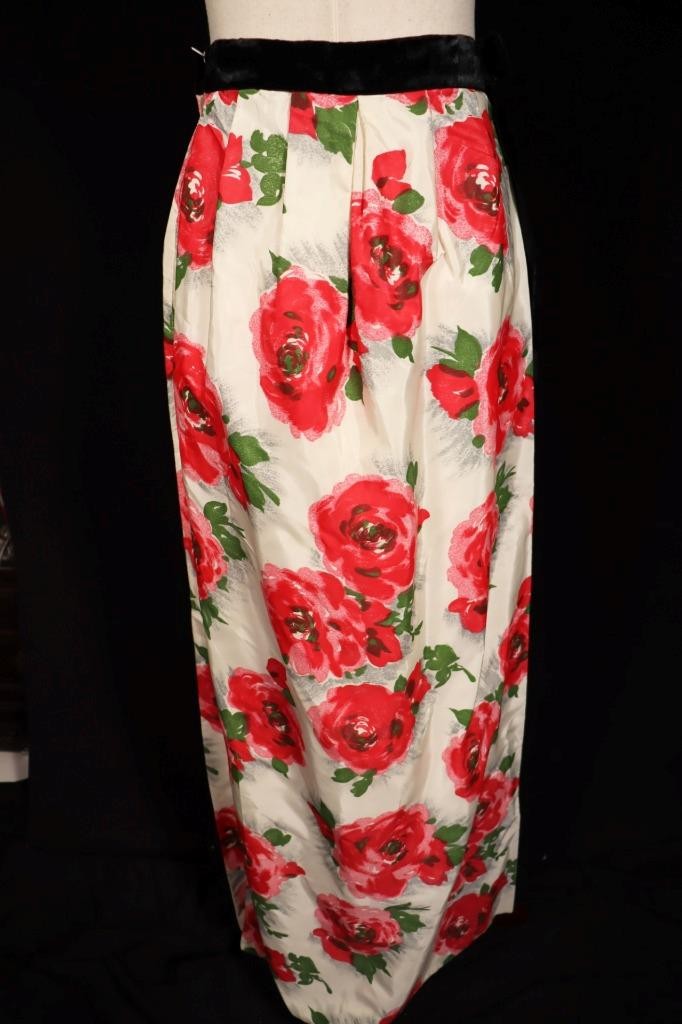 Vintage 1960’s Long Satin Taffeta Rose Floral Print Skirt 27″ Waist Exc Cond