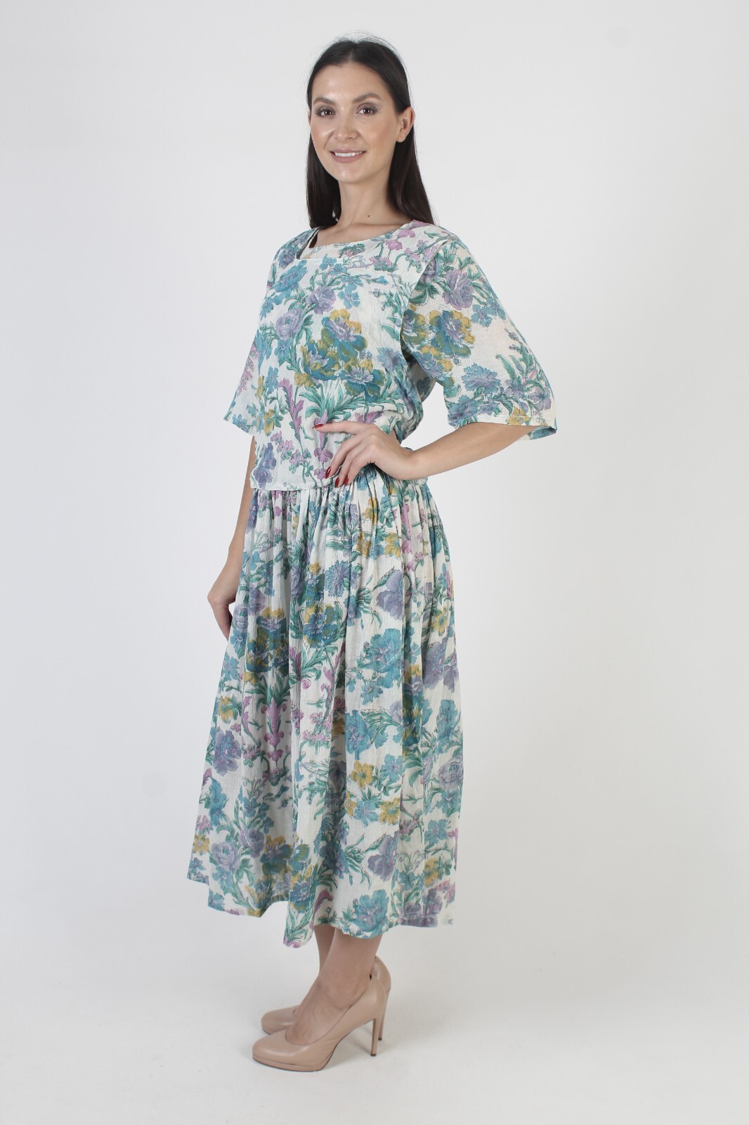 Bila White India Gauze Dress Vintage Floral Cotton Baggy Grunge Boho Sundress M