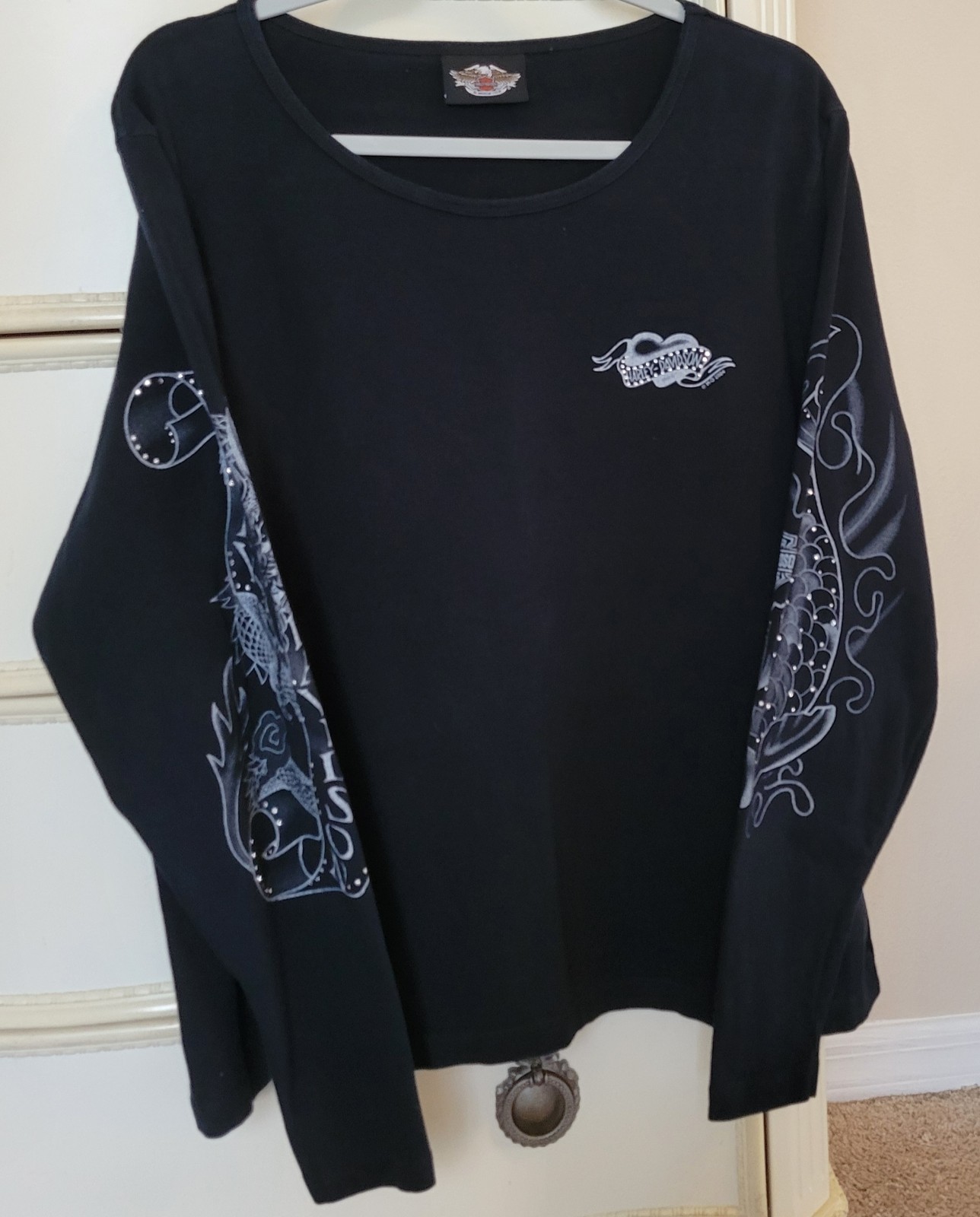 Harley Davidson Vintage 2004 Y2K Rhinestone Cotton KOI DRAGON Long Sleeve Size L