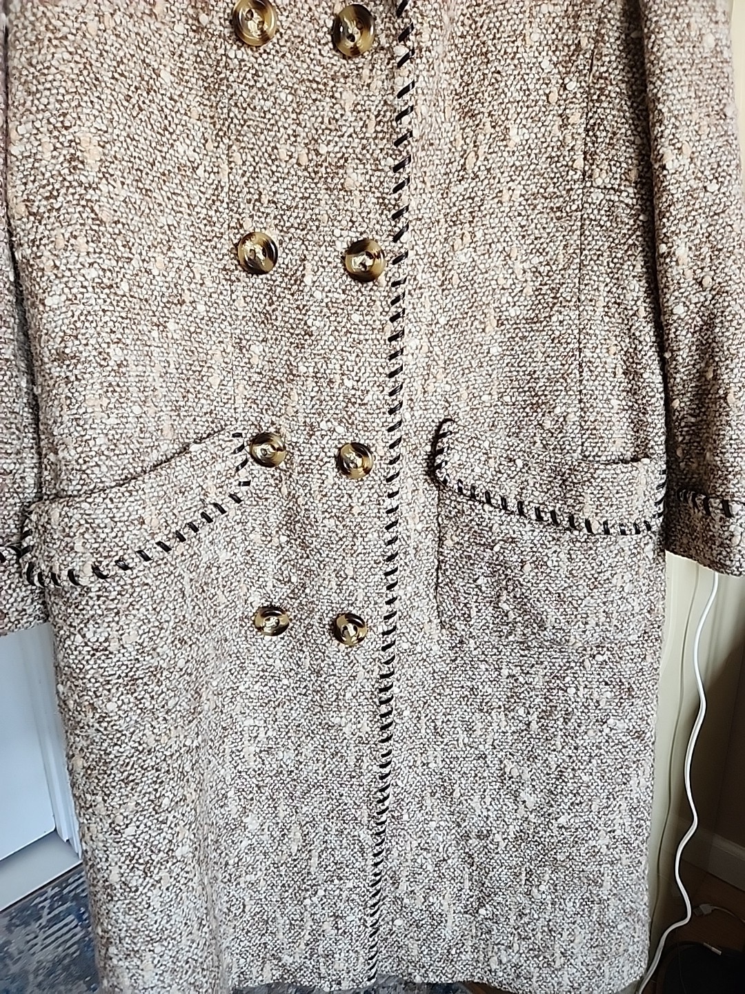 Vintage Oscar de la Renta Wool Tweed Coat Double Breasted Belted Back