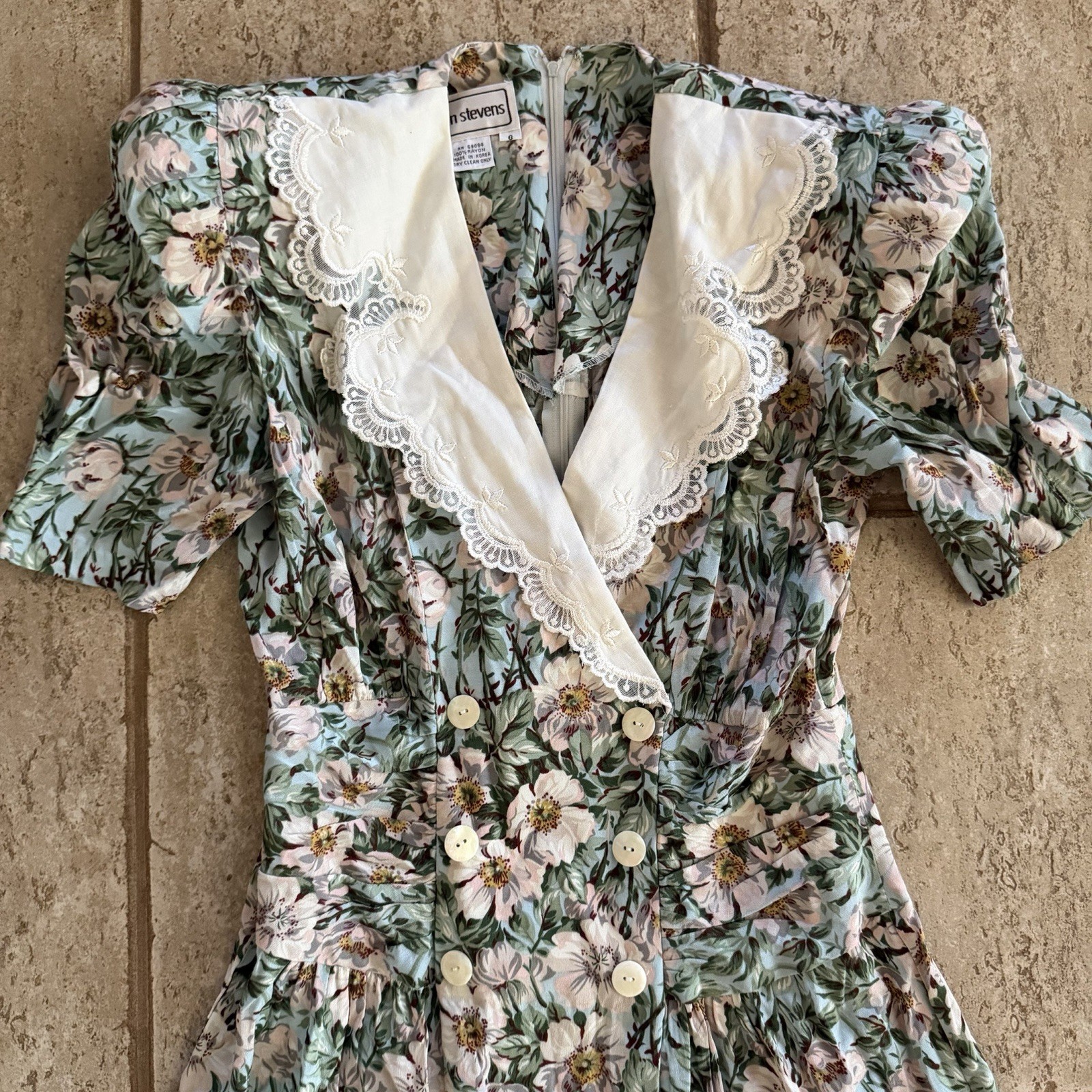 80s Cottagecore Sz 6 Prairie Dress Lace Collar Mint Floral Secretary Vintage