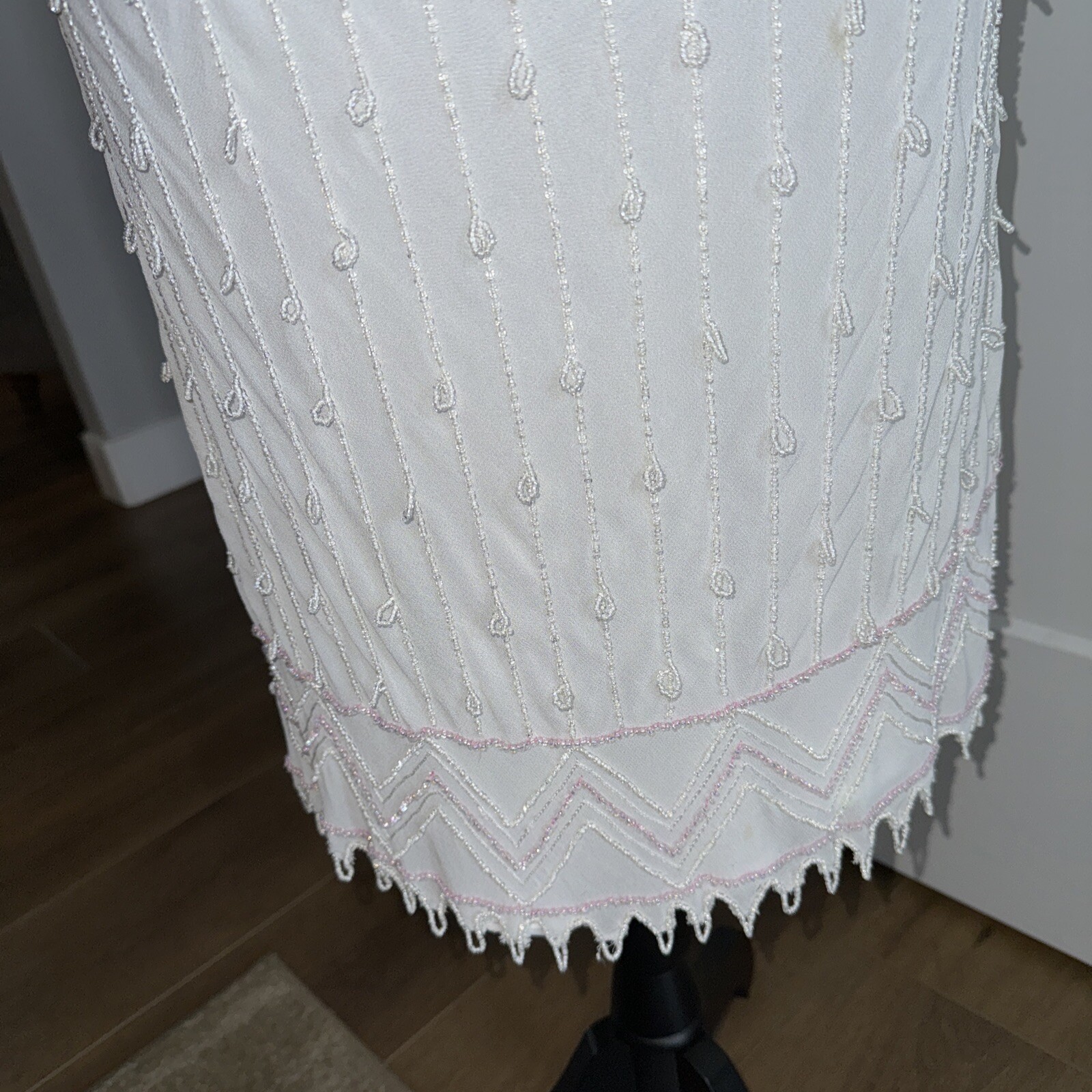 Vintage White Papillon Dress Beaded Fairycore Pink Flapper Rayon Wedding Y2K Sm