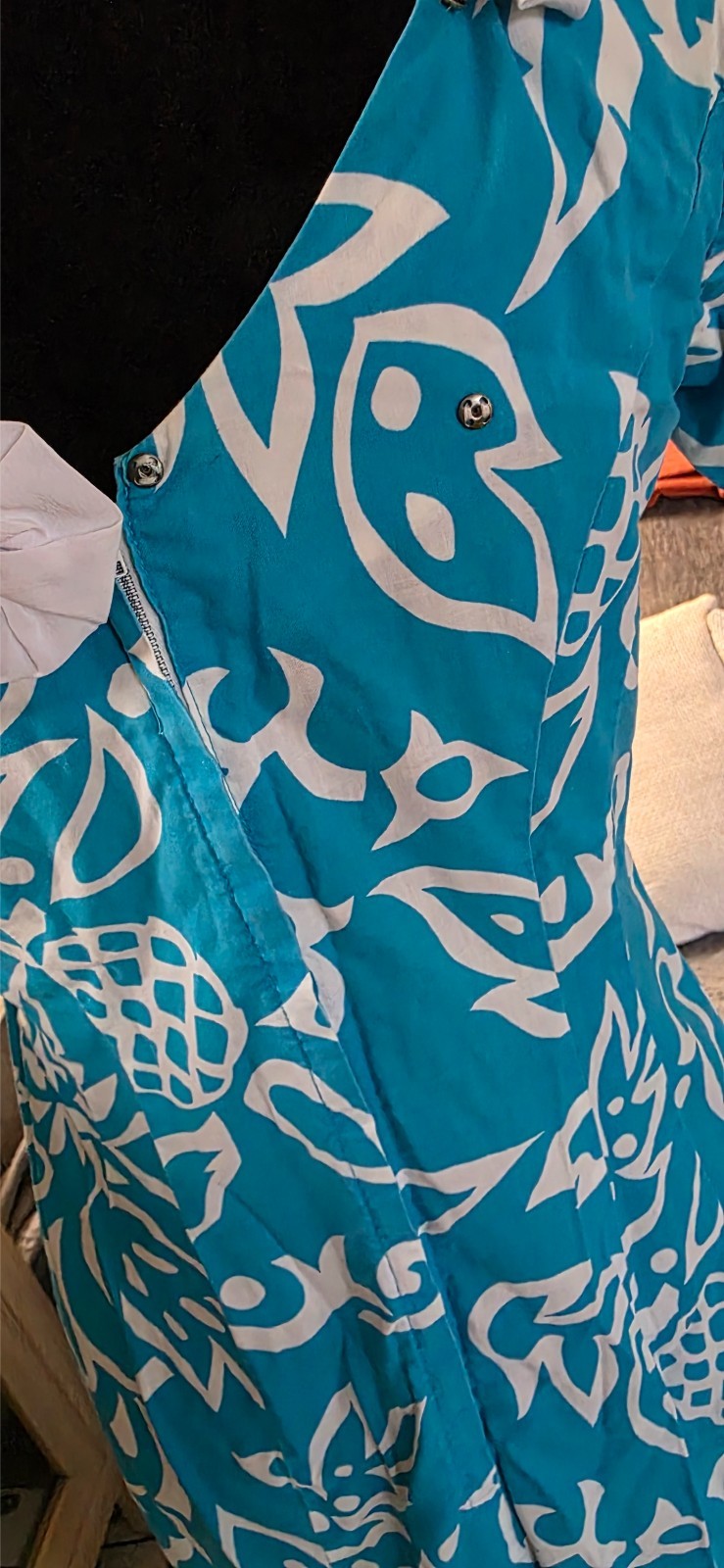 VTG Ja-Na of Hawaii Muumuu Dress Blue Pineapple Print Yoyo Ruffle Collar S/M