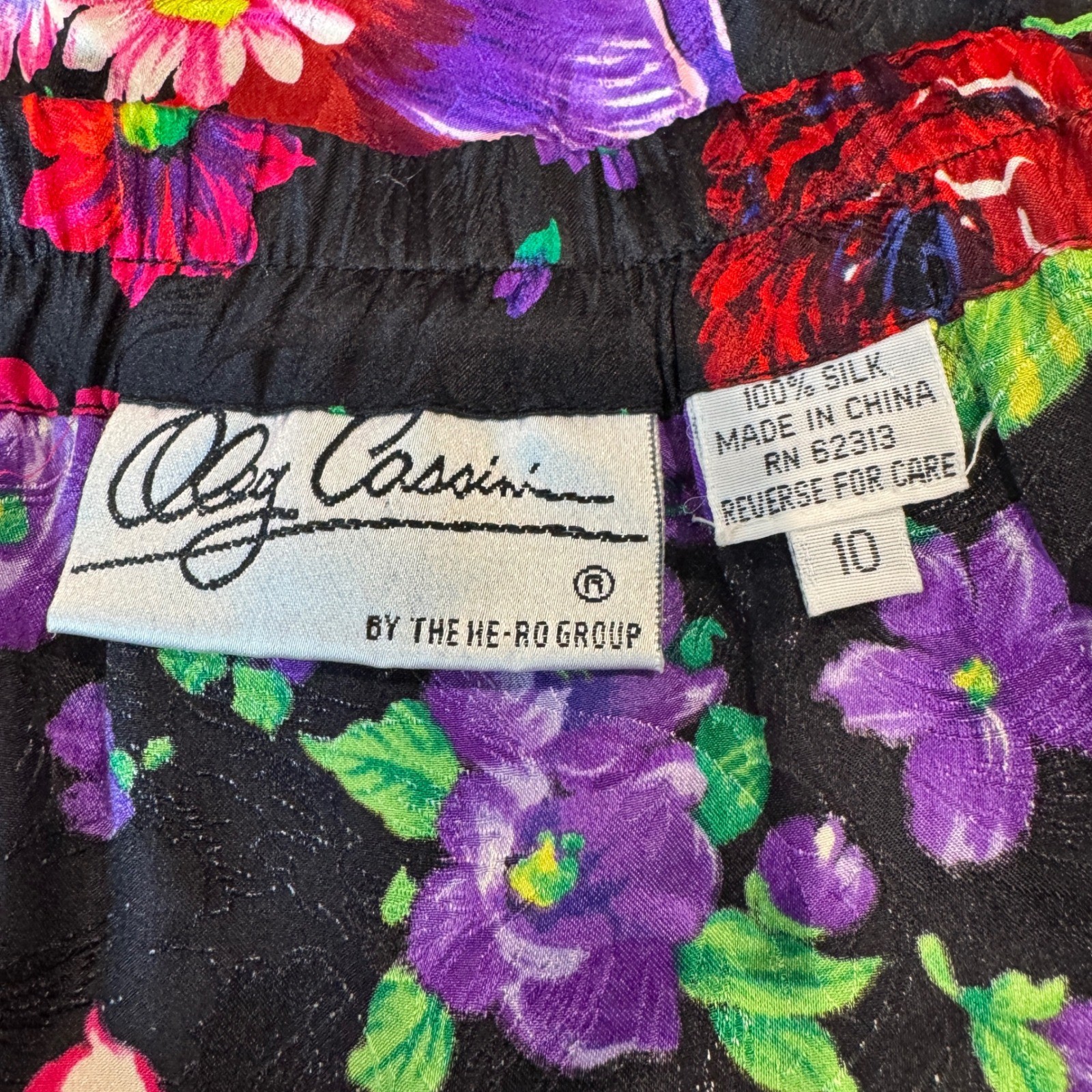 Oleg Cassini Vintage 100% Silk Floral Tiered Ruffle Skirt Black Red Purple Sz 10