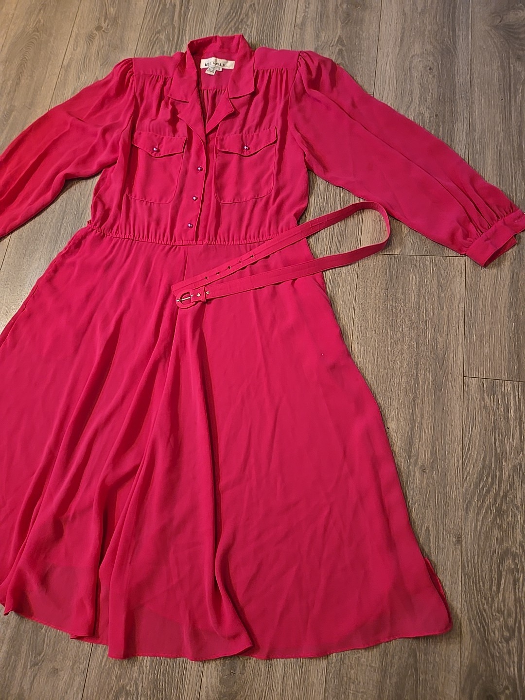 Vintage 1980s Ms Chaus Pink Belted Secretary Dress Size 12 Silky Button Down