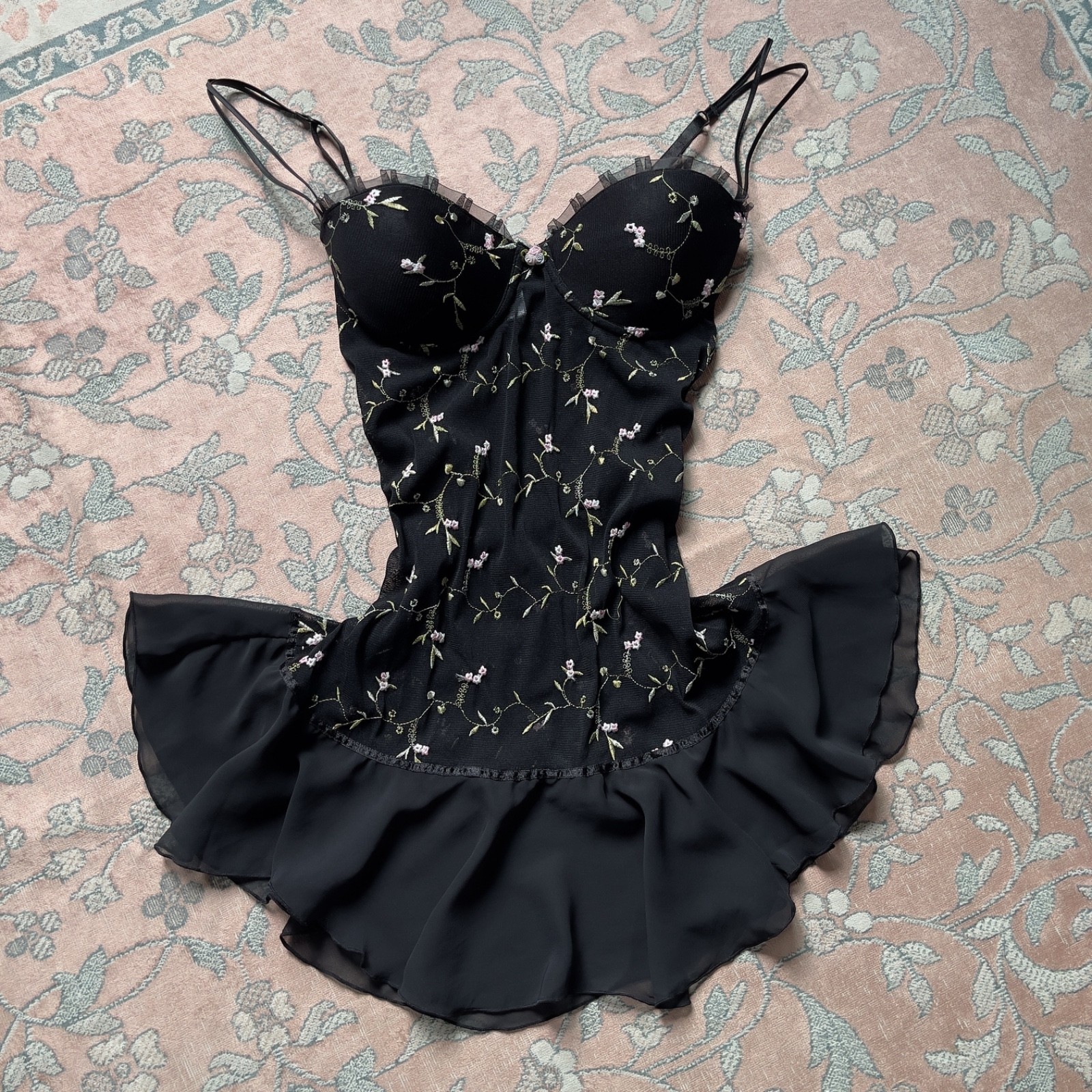 Romantic Y2K Black Floral Embroidered Semi-Sheer Mesh Slip Dress (M–L)