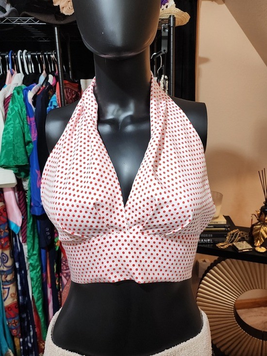 Vintage 70’s White Halter Crop Top with Red Polka Dots