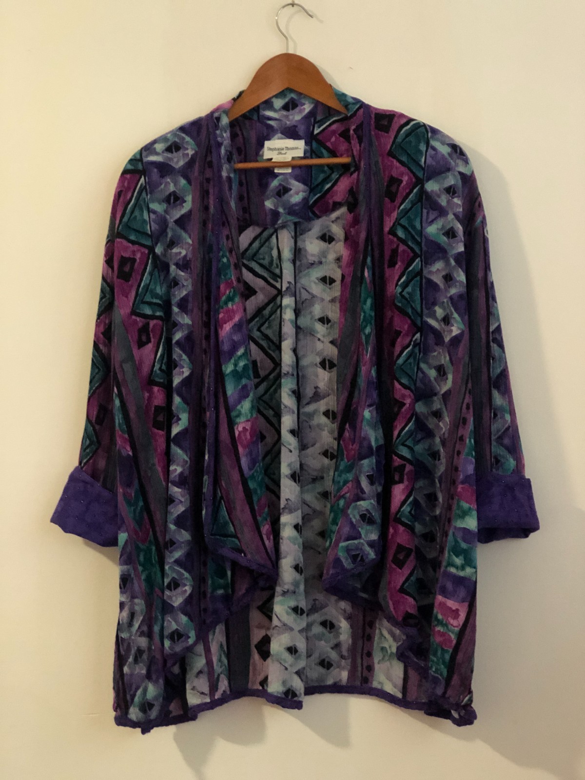 Vintage 80s Stephanie Thomas Sport open front geometric print summer cardigan 14