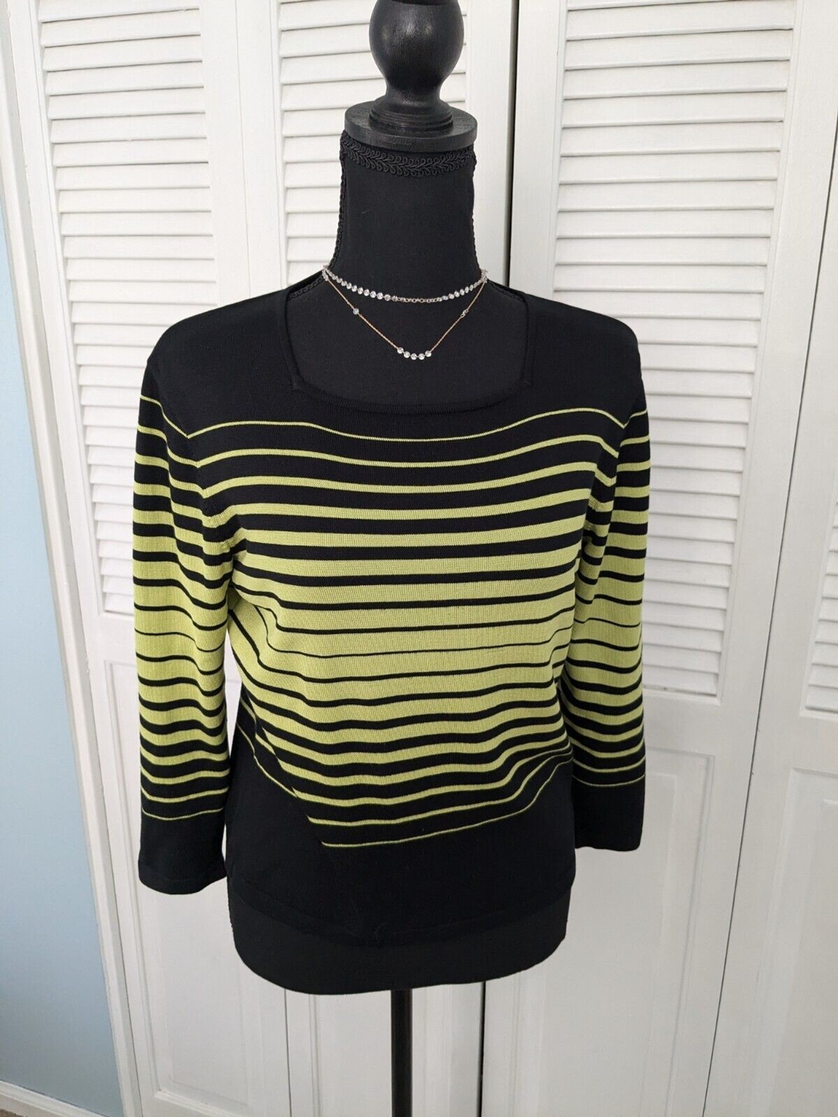 Carlisle Silk Blend Sweater Vtg Womens Sz M 80’s Lime Green Black Stripe Retro