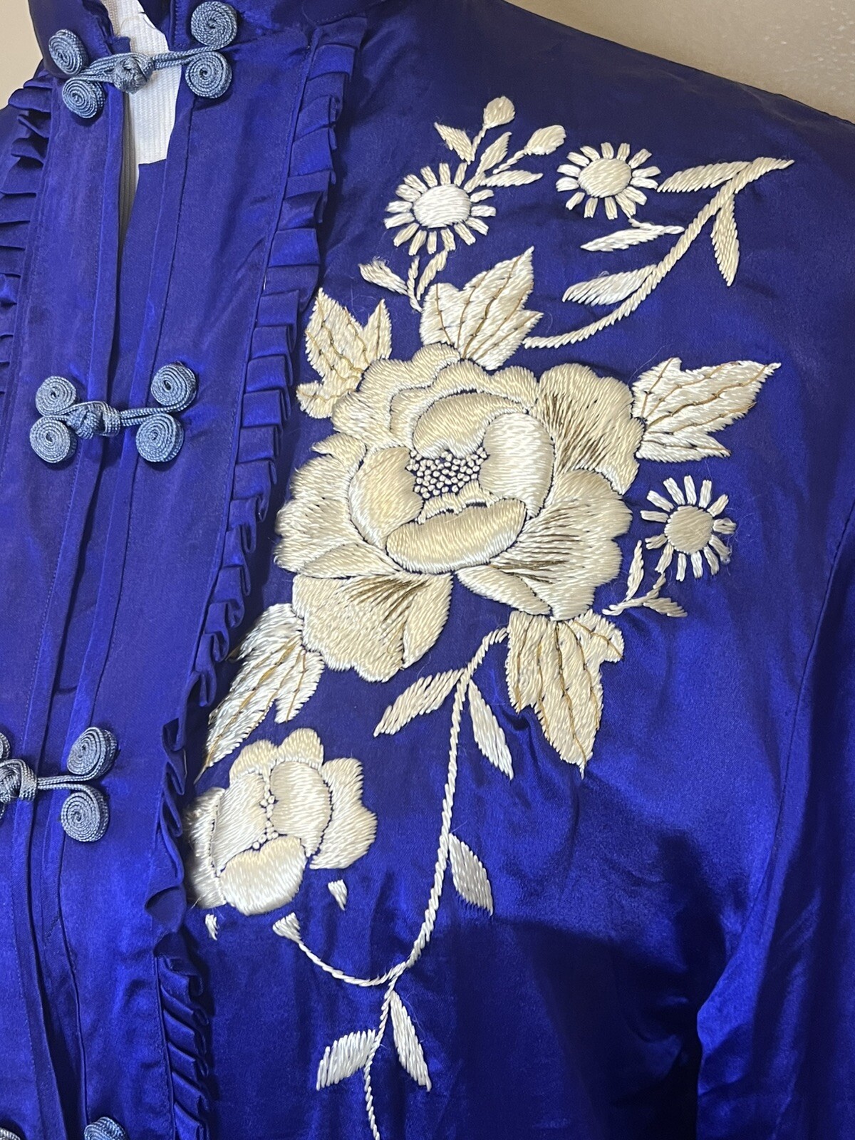 Vtg 50s Japan Quilted Jacket Lounge Set Embroidered Blue Satin Sun Bros Asian