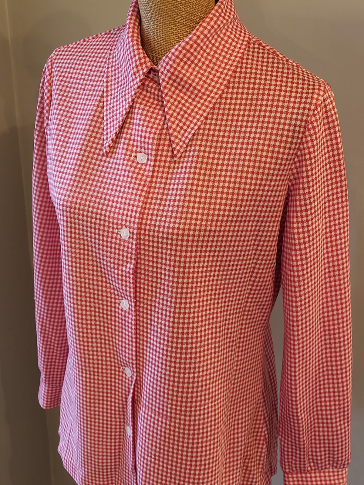 Fritzi Of California Vintage 70s Red Checked Polyester Blouse Medium