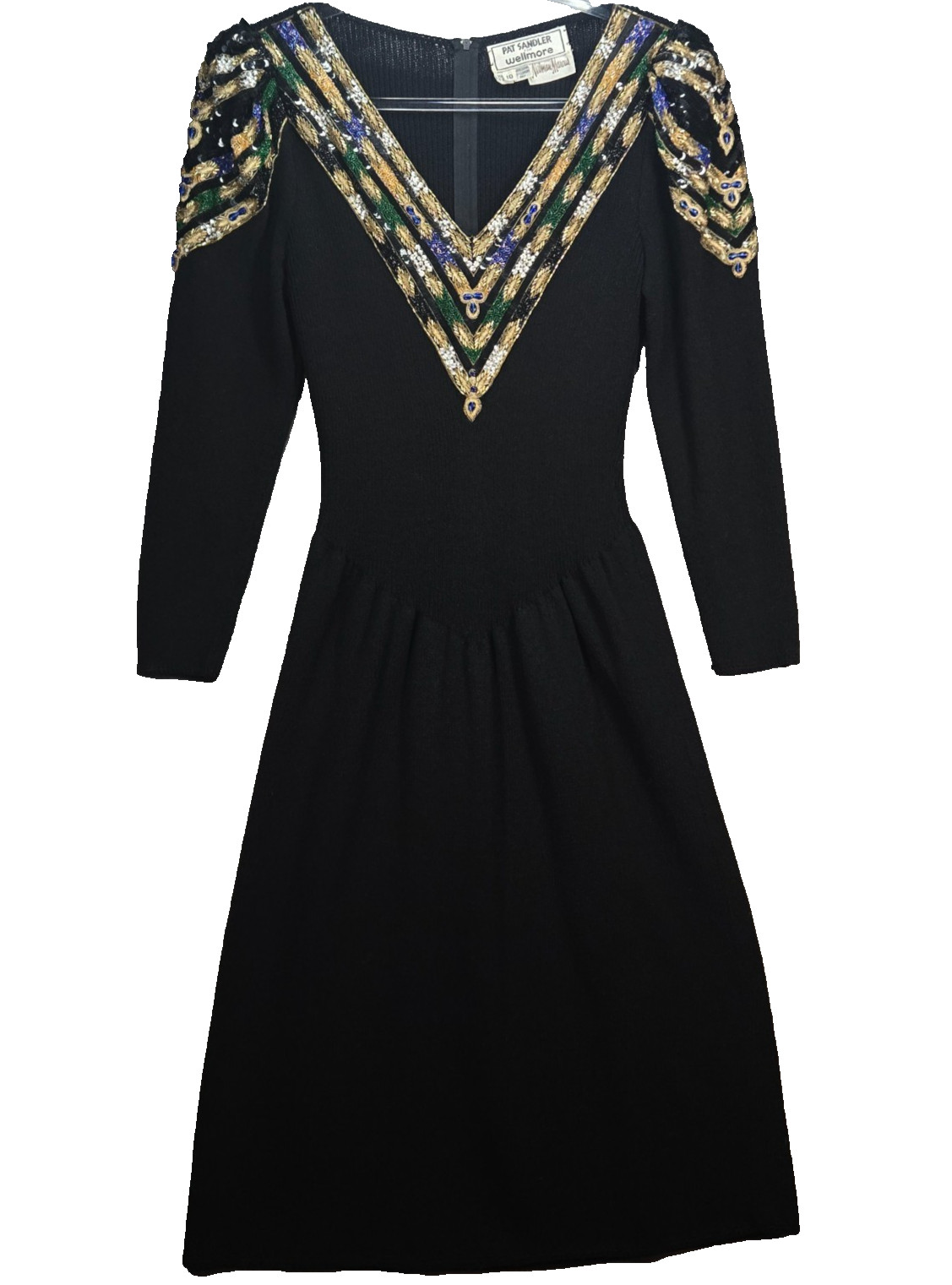Vintage Beaded Sequin Santana Knit Event Dress 10 Black Pat Sandler for Wellmore