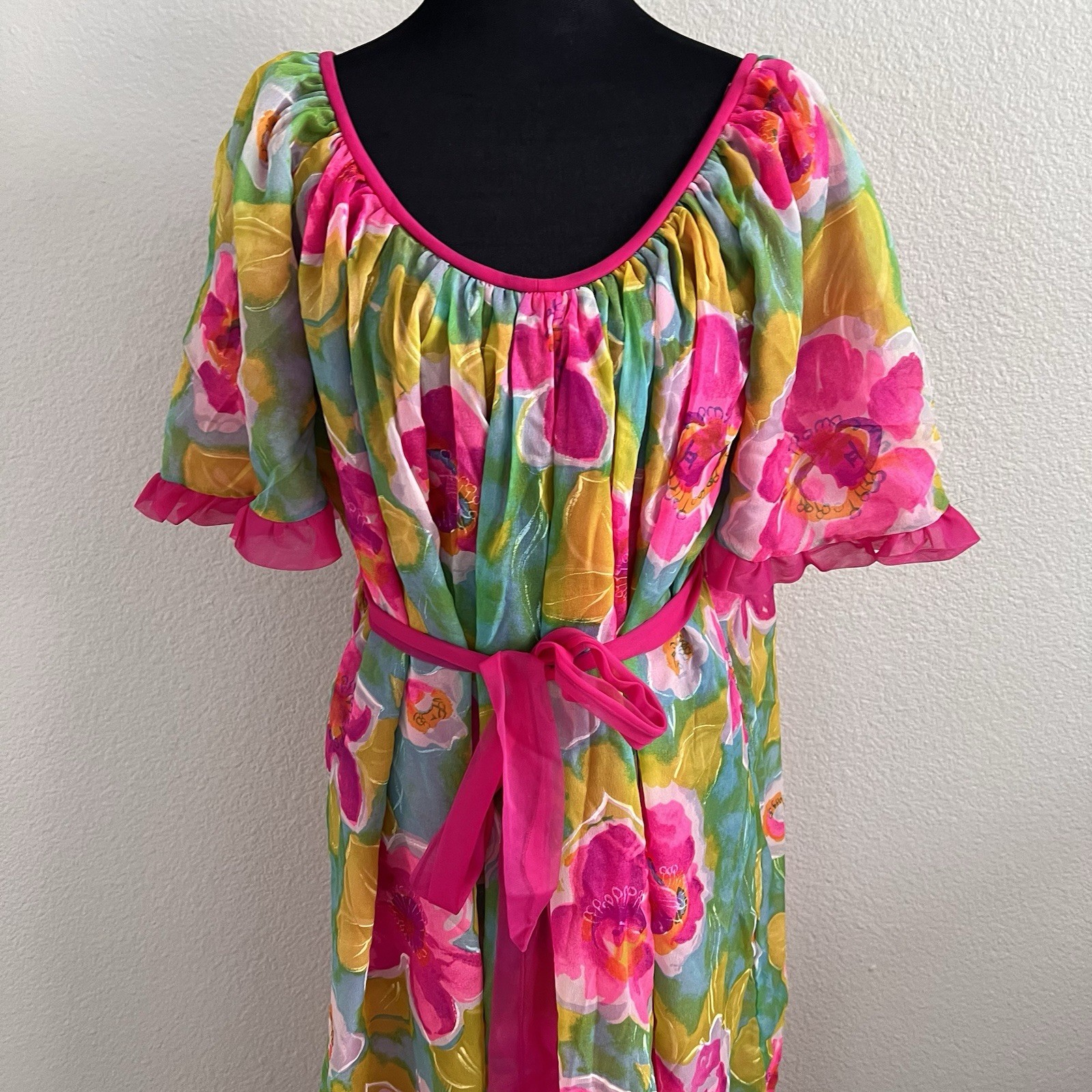 Vintage Jenelle of California Gown Belted Ruffles Floral Lined Colorful Nylon