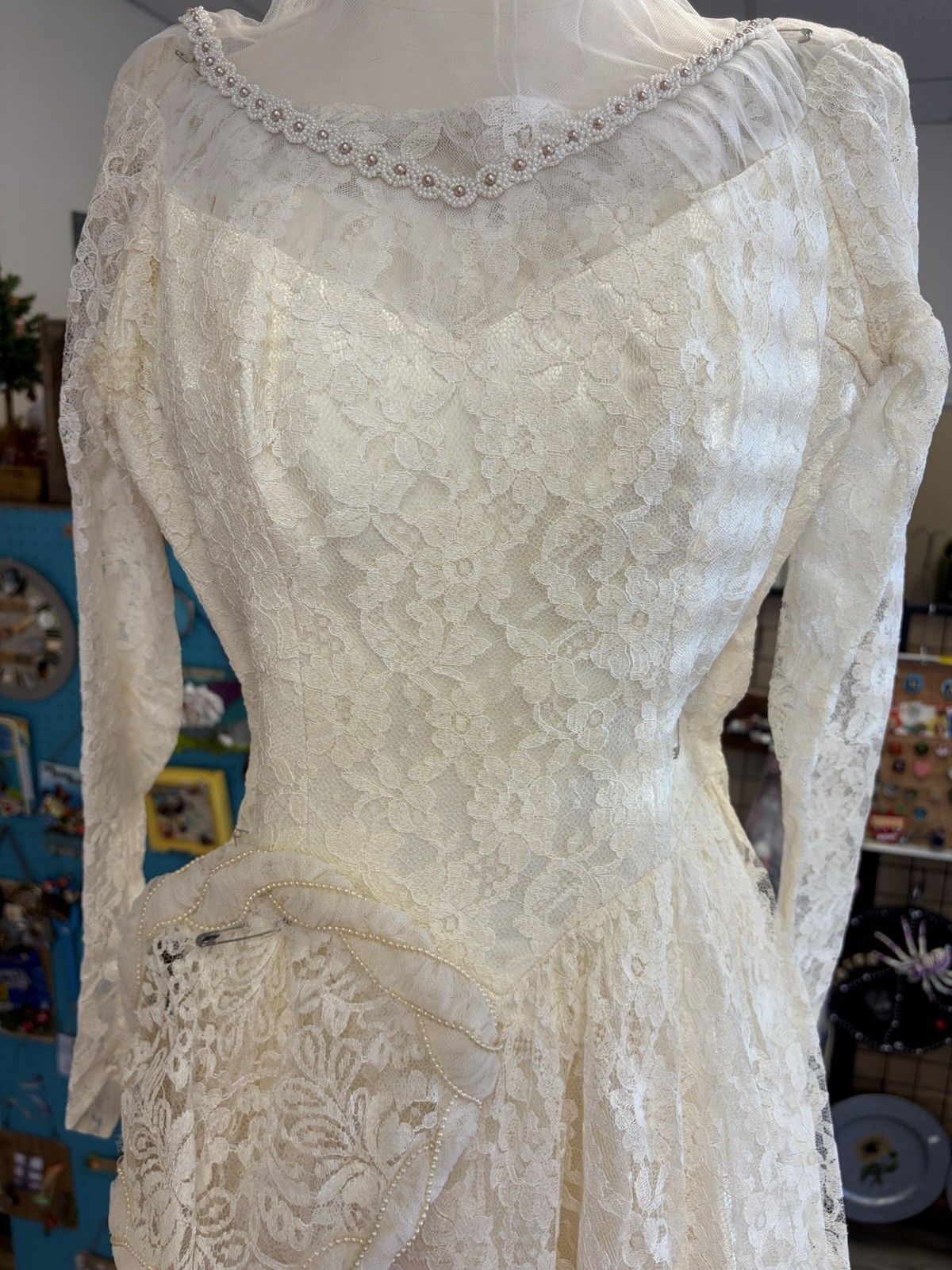 Lace Wedding Dress With Head Cap Train VTG 1951