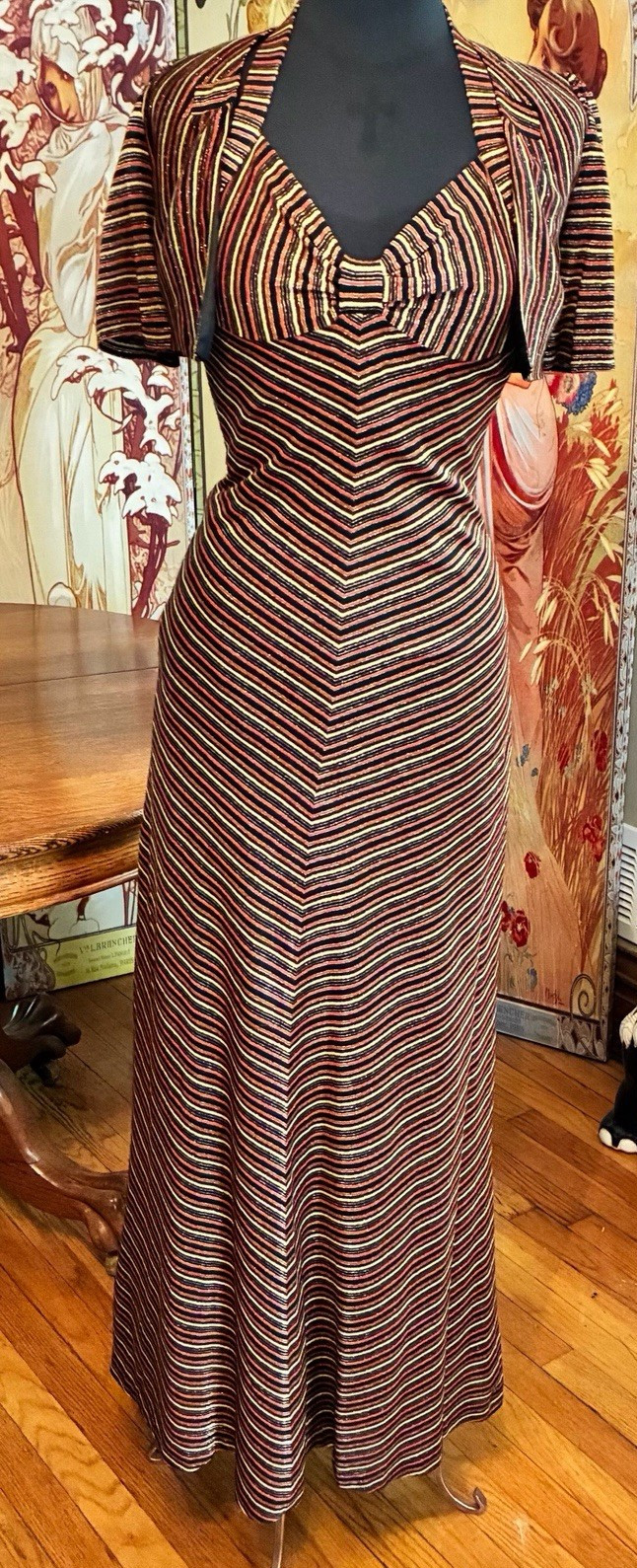 Vintage Young Innocent By Arpeja Gold Thread Halter Maxi Dress With Shrug Sz 3