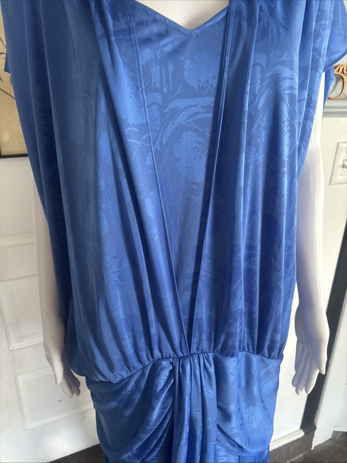 80s RICCARDO Drop Waist Dress Blue Size 16.5 USA made Silky Floral Shoulder Pads