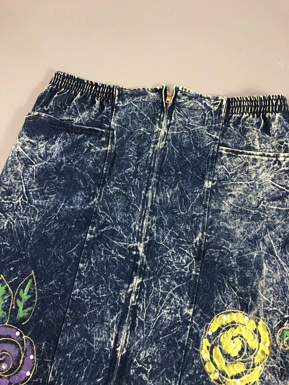 Vintage Acid Wash Weird Art To Wear Paint Midi Jean Skirt Christie Of California