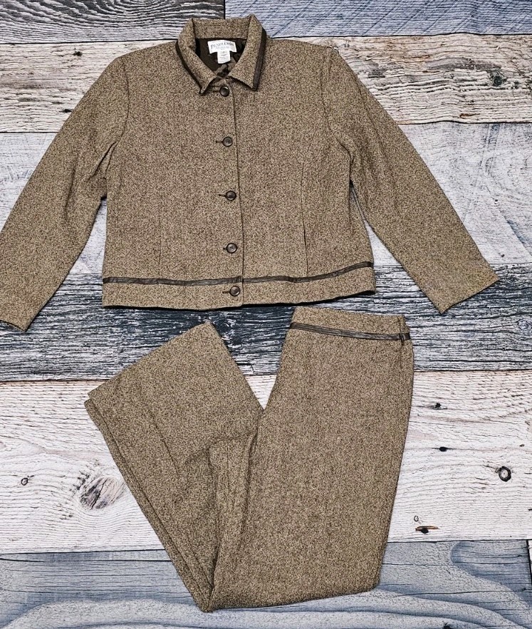 Vintage Pendleton Tweed 2 Piece Pant Suit Wool & Leather Trim Women’s Size 12