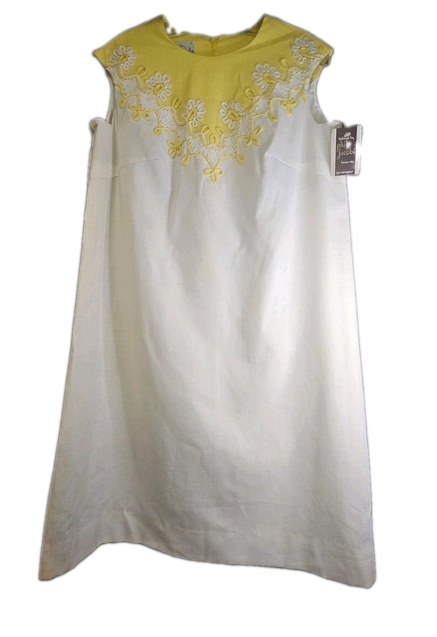Vintage 1960s Phil Jacobs NOS Mod Shift Dress White Yellow Floral Trim Size 14