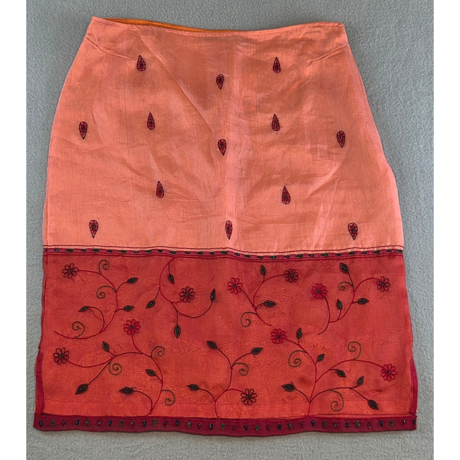 NWT 90’s Vintage Y2K Express Silk Embroidered Skirt Whimsy Orange Red 13/14