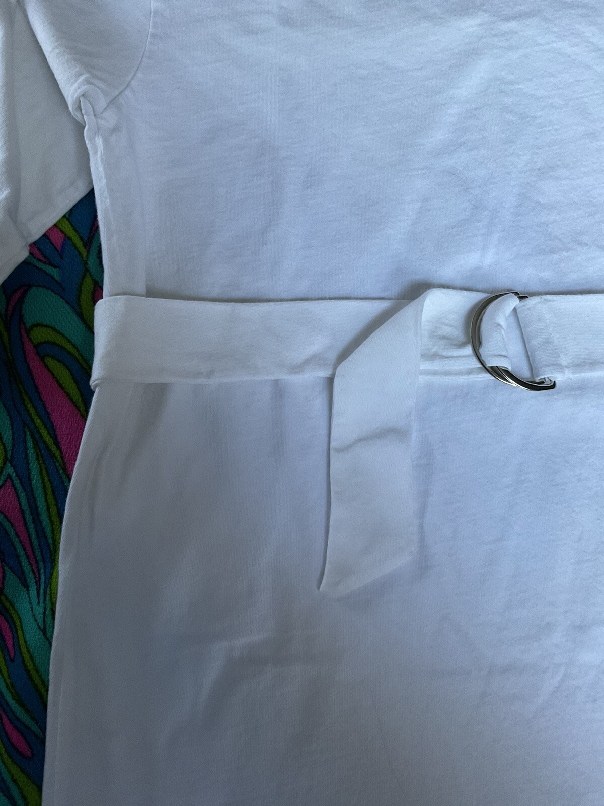 Vintage White DressyT-Shirt 3/4 Sleeve Metal Ring Matching Belt Newport News 90s