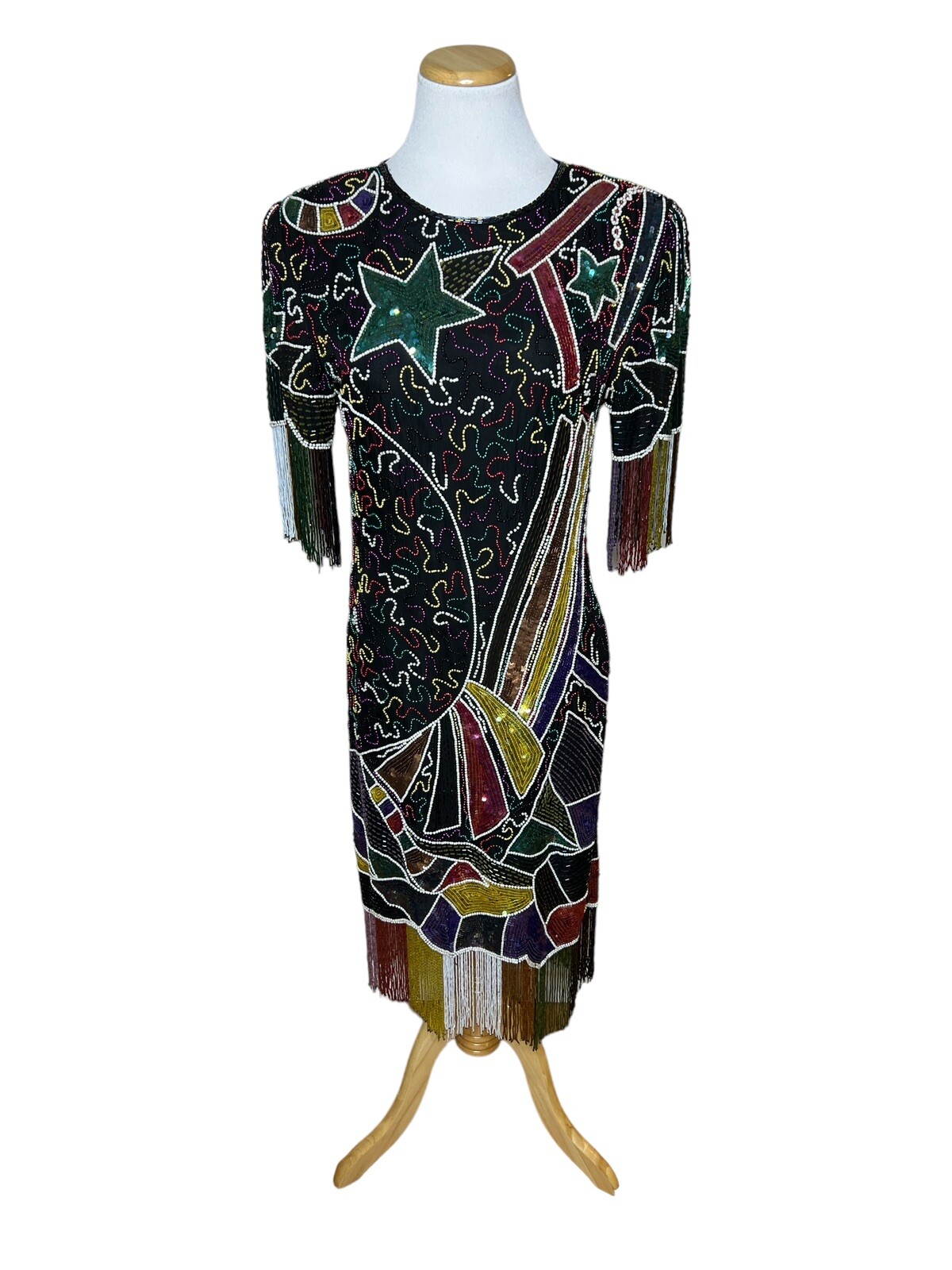 Vintage Beaded Sequin Party Dress Art Deco to Wear 80s Abstract Black Silk Sz S
