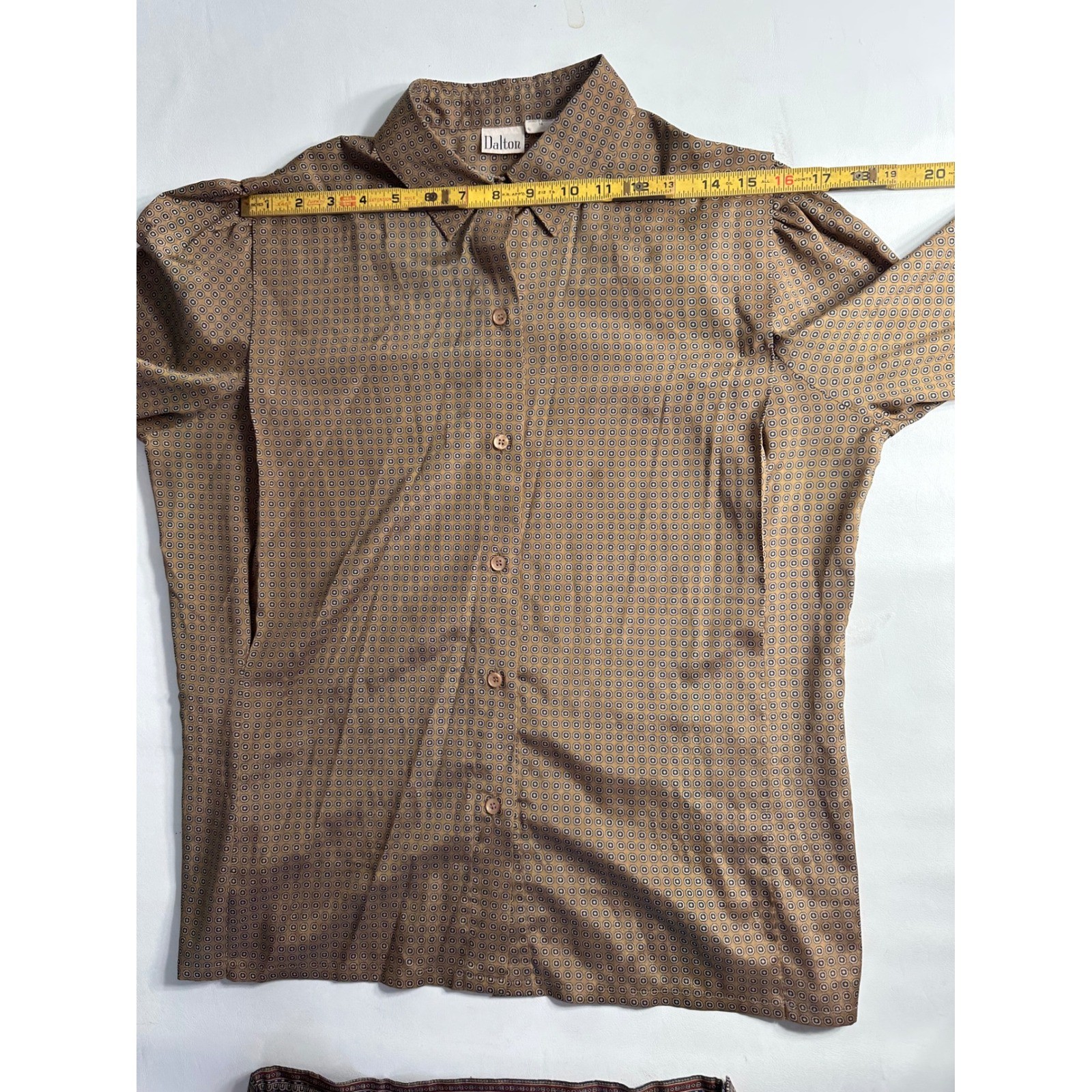 Dalton Vintage 2 Piece Skirt Set Brown Geometric Button Up Blouse Pleated Midi
