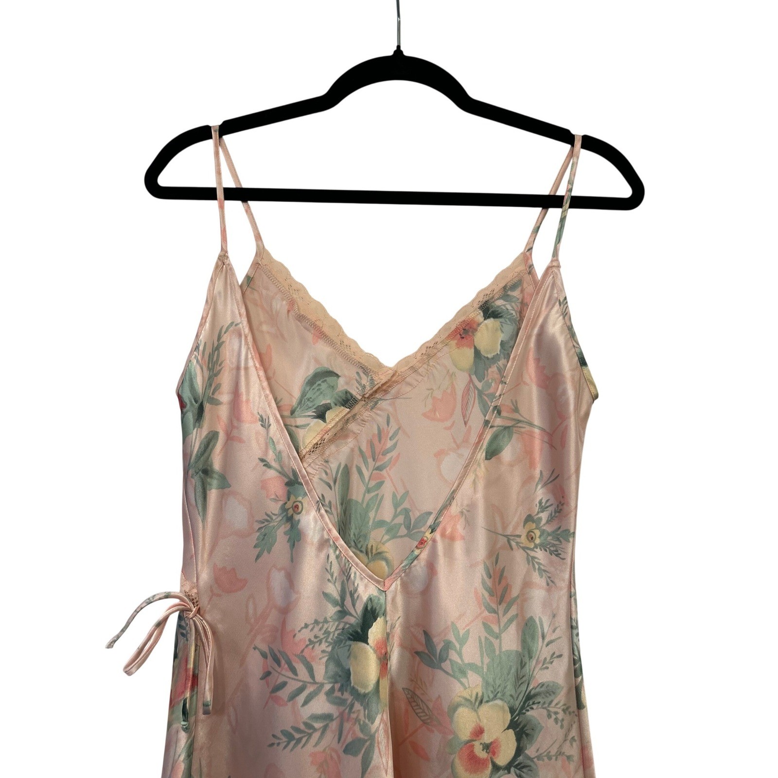 Vintage 90s Pink Floral Satin Slip Dress XS Open Back Lace Mini Nightgown Fairy