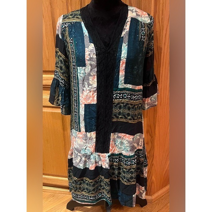Anthropologie Maeve Patchwork Lace Trim Peasant Mini Dress Tunic Green Size XS