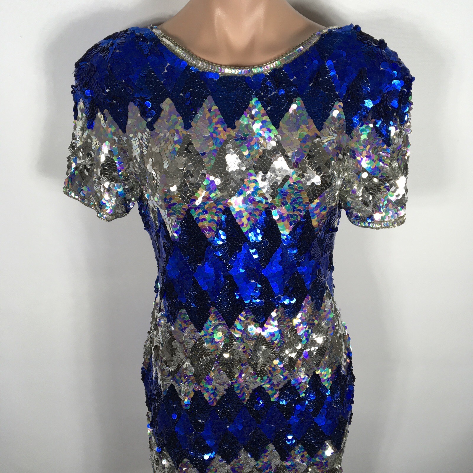 Vintage Iridescent Sequin Low Open Back Party Dress Mini Beaded – Size M