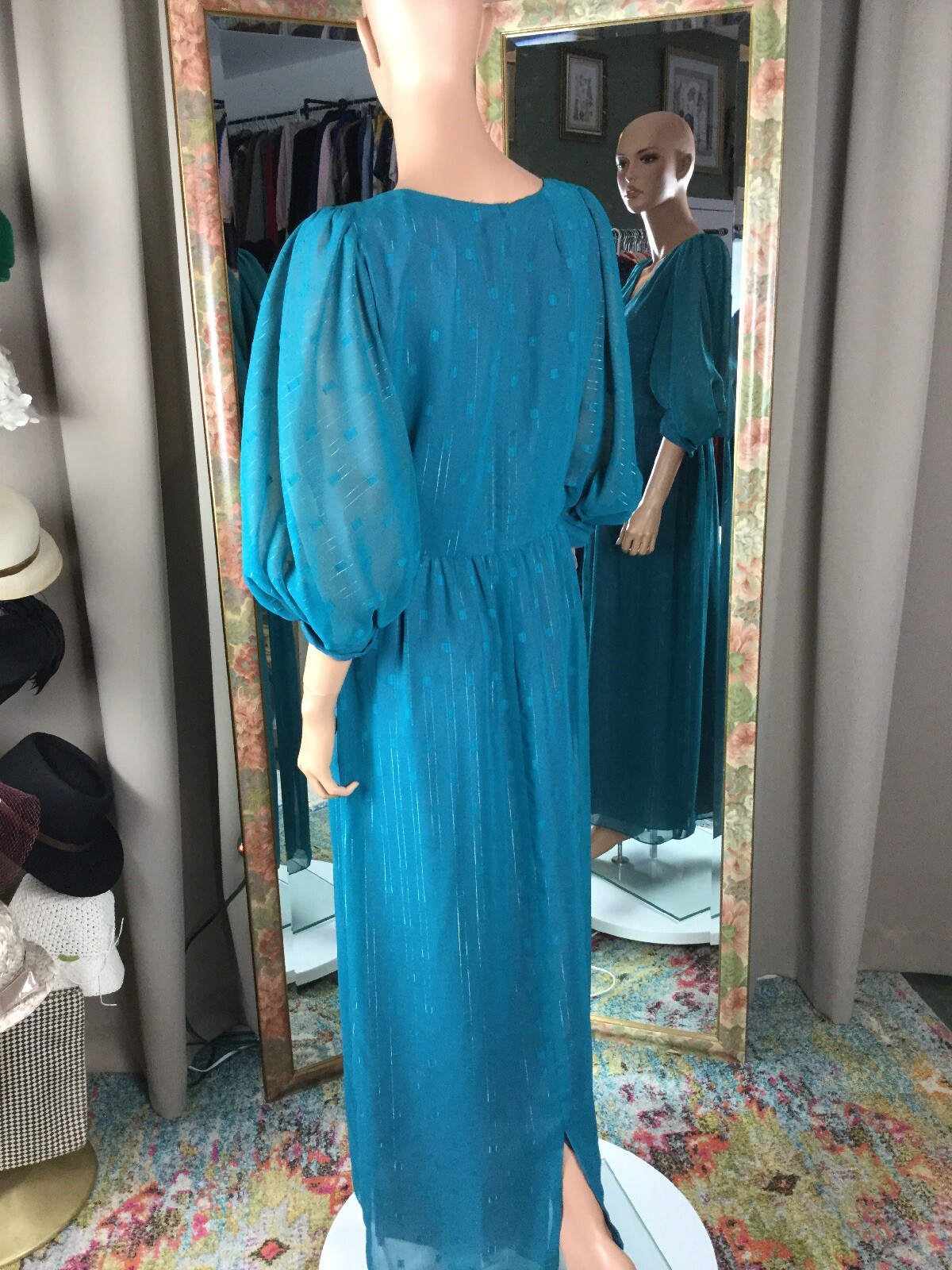 VTG David Morris Maxi Blue Silver Thread Gown Dress Lined Sz 10 Huge Sleeves