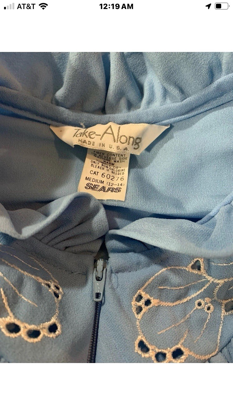 Vintage 1970s Sears Take Along Blue Zip House Dress Embroidered Yoke USA M 12-14