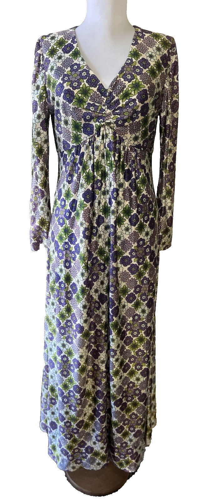Vintage Empire Waist Maxi Dress Long Sleeve Floral Purple Green White 70s