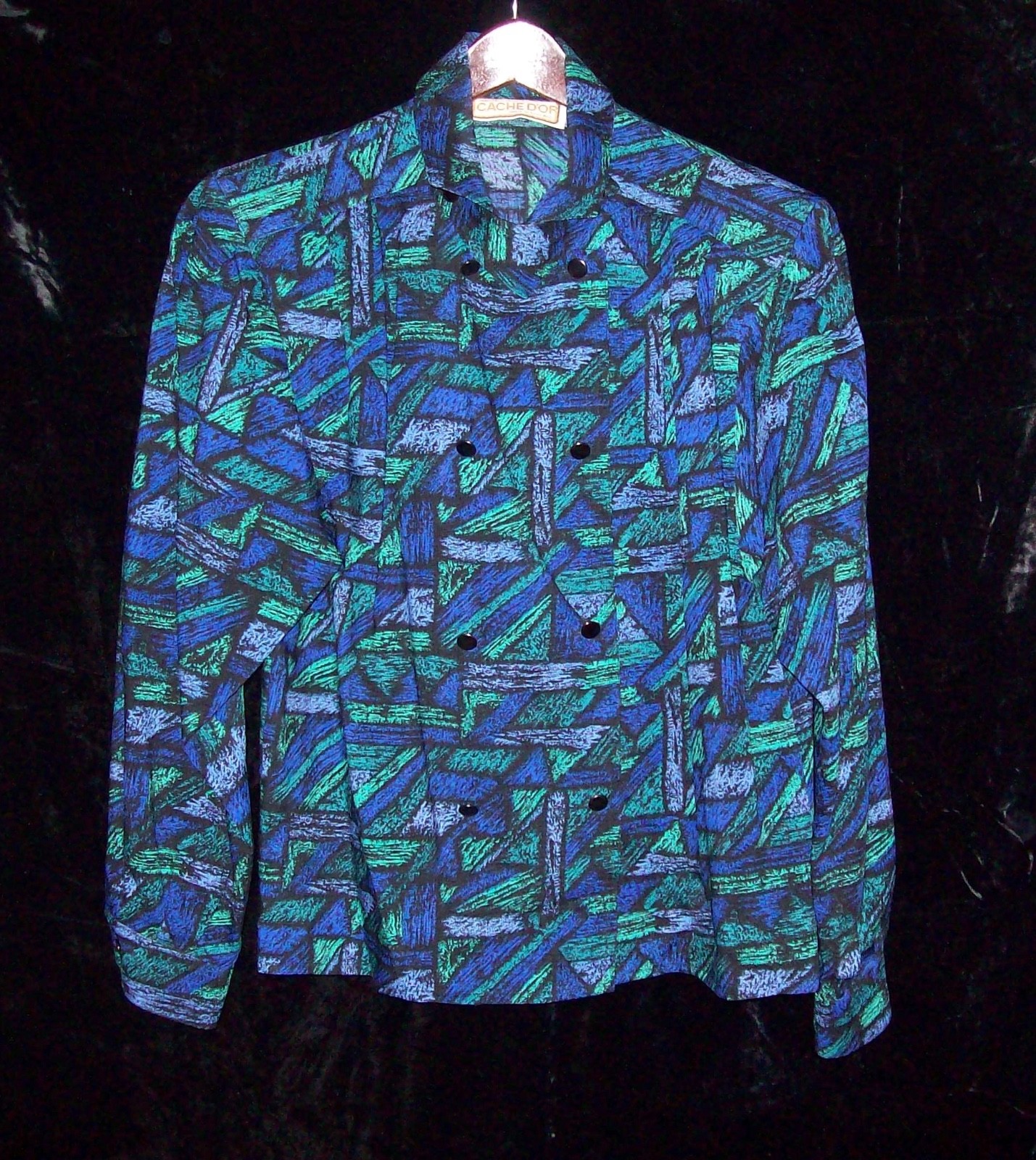 CACHE D’OR English MOD Couture Vintage Blue & Green Geometric Wool Blouse