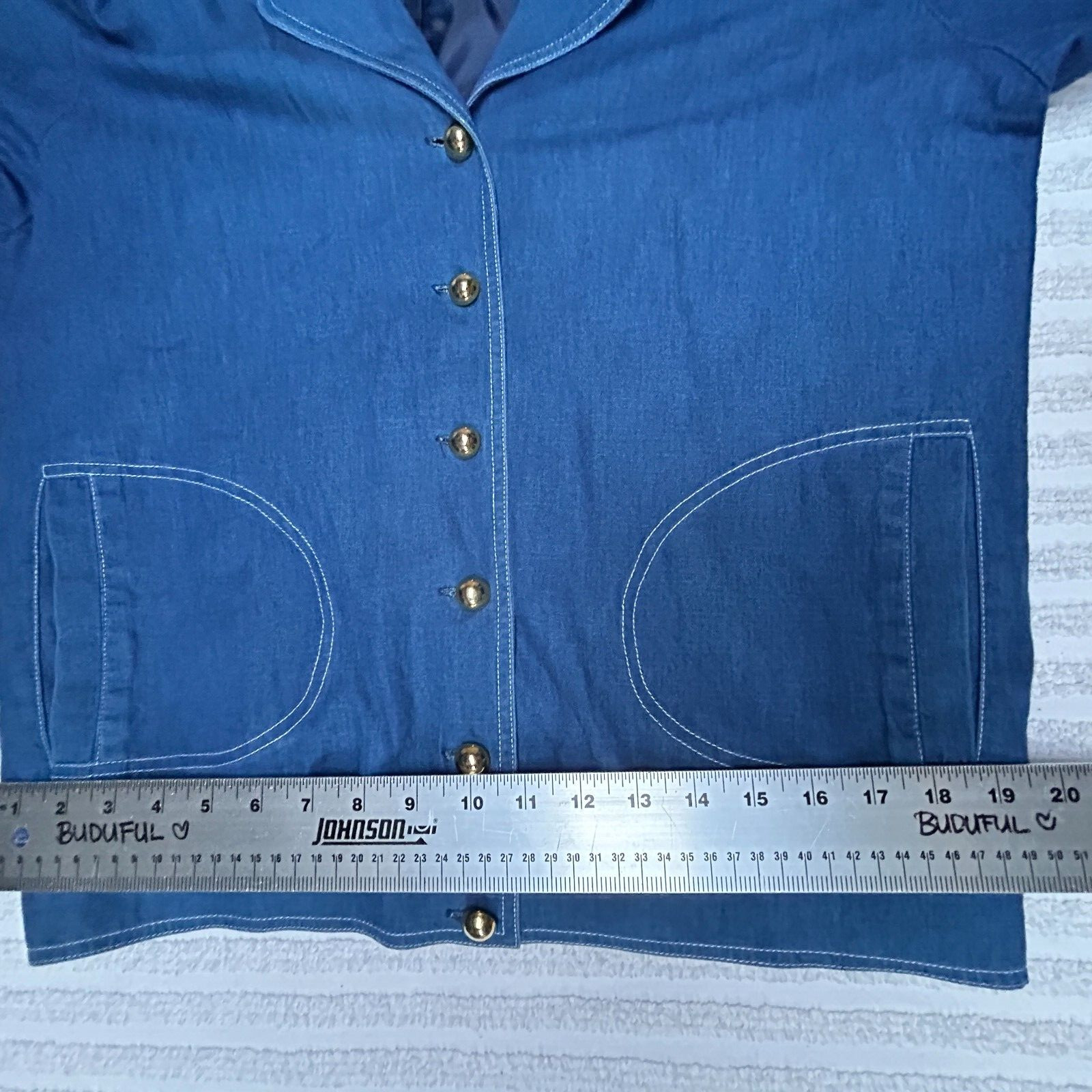 Vintage Three Flaggs Womens Denim Blazer Jacket Size L/XL Blue Casual Buttons