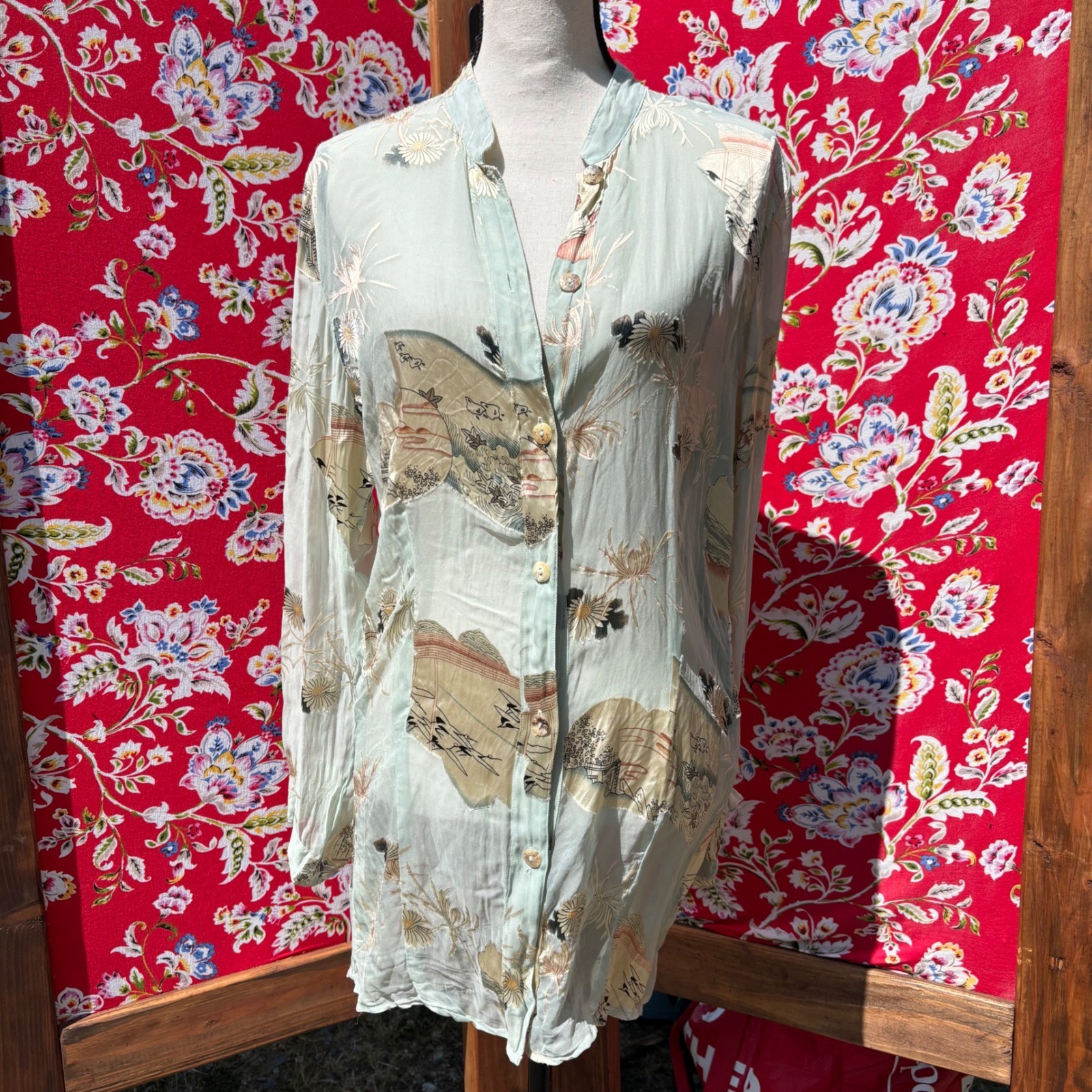 Vintage Semi Sheer Beachy Coastal Button Front Boho Blouse Size L