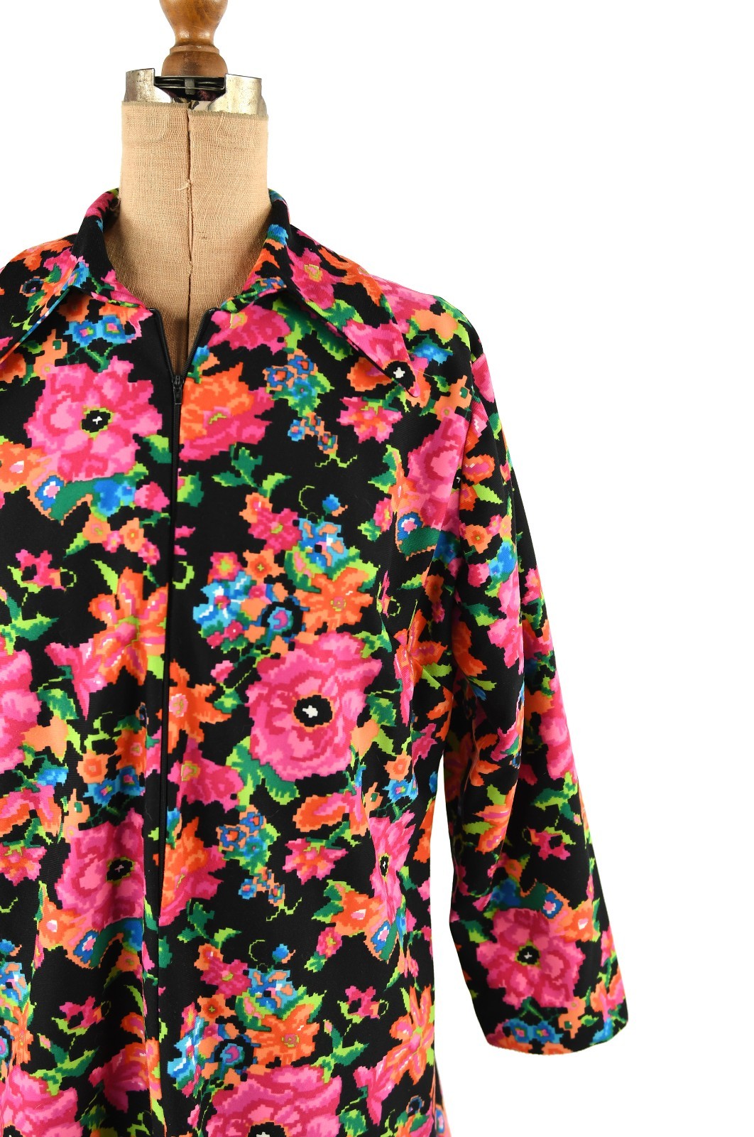 Vintage 60s 70s Mod Floral Tunic Top Groovy Bright Pink & Black Shirt Mini Dress