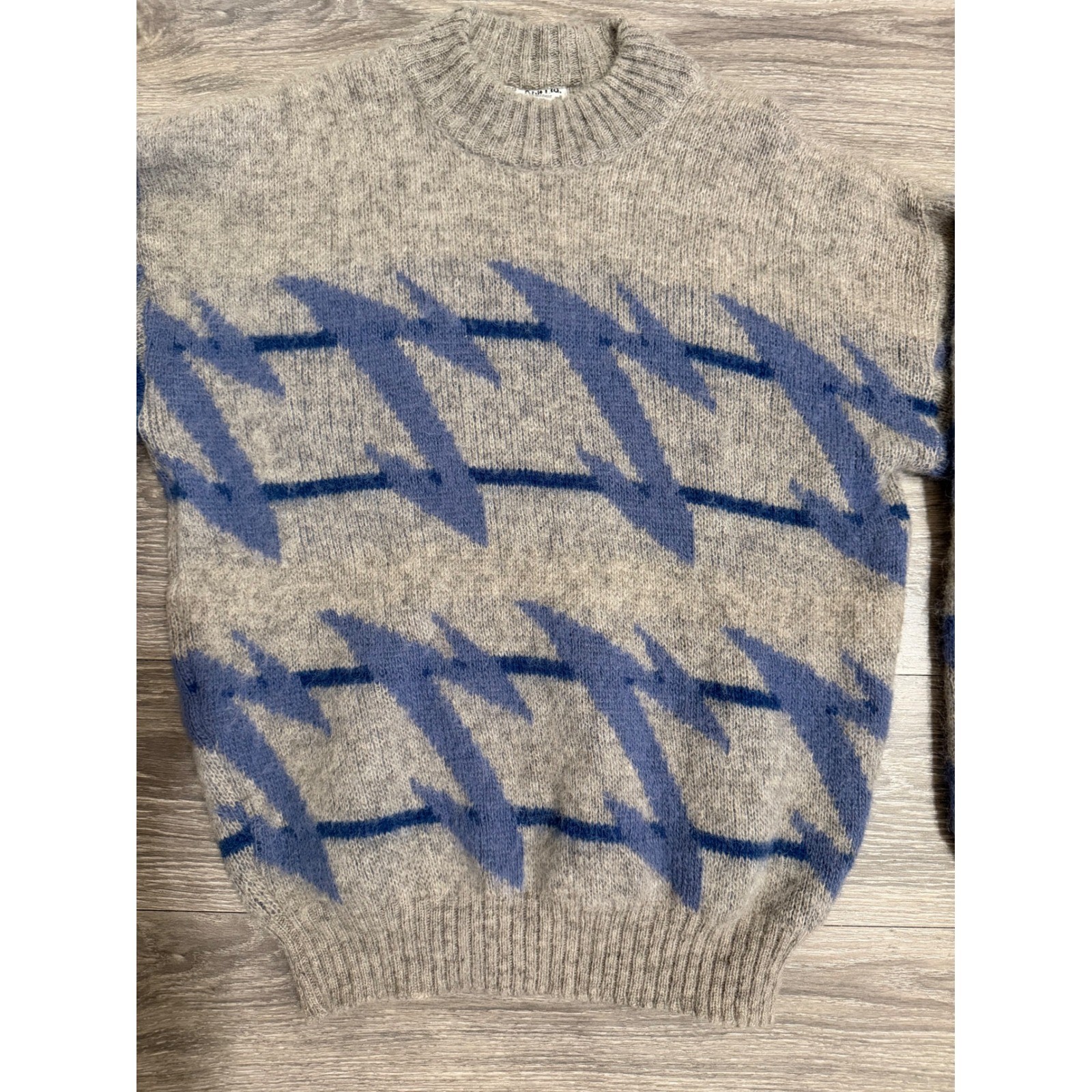 Les-Knit Ltd Vintage 80s 100% Pure Wool Sweater L Blue Oatmeal Icelandic Nordic