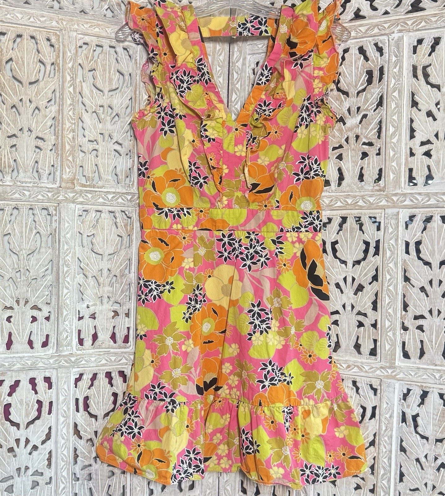 Vintage Neon Floral Cotton SZ M Dress Vneck Ruffles Surfer Girl Beach Boho Luau