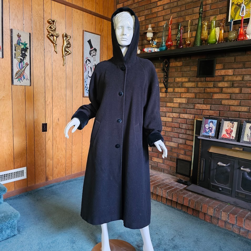 Vtg 80s Little Gothic Riding Hood Black Wool Velvet Full Length Cloak Coat L/XL