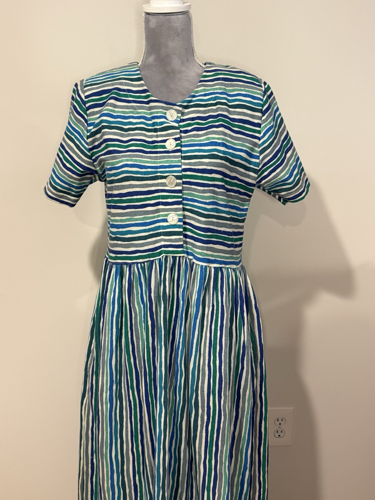 FADS Vintage 80s 90s Blue Striped Cotton Boxy Dress Sz M Cottagecore Modest