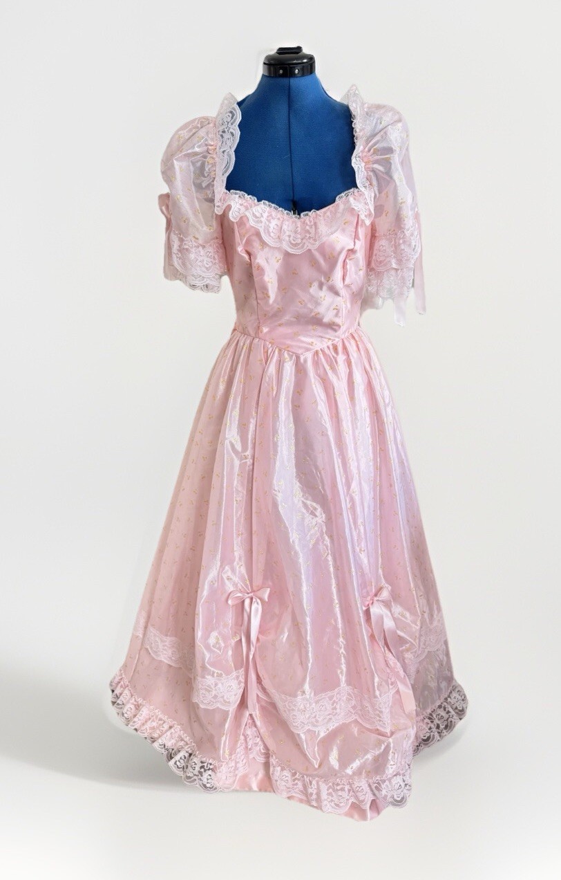 vintage 80s prom dress pink lace puffy bows tulle ball gown puff sleeve romantic