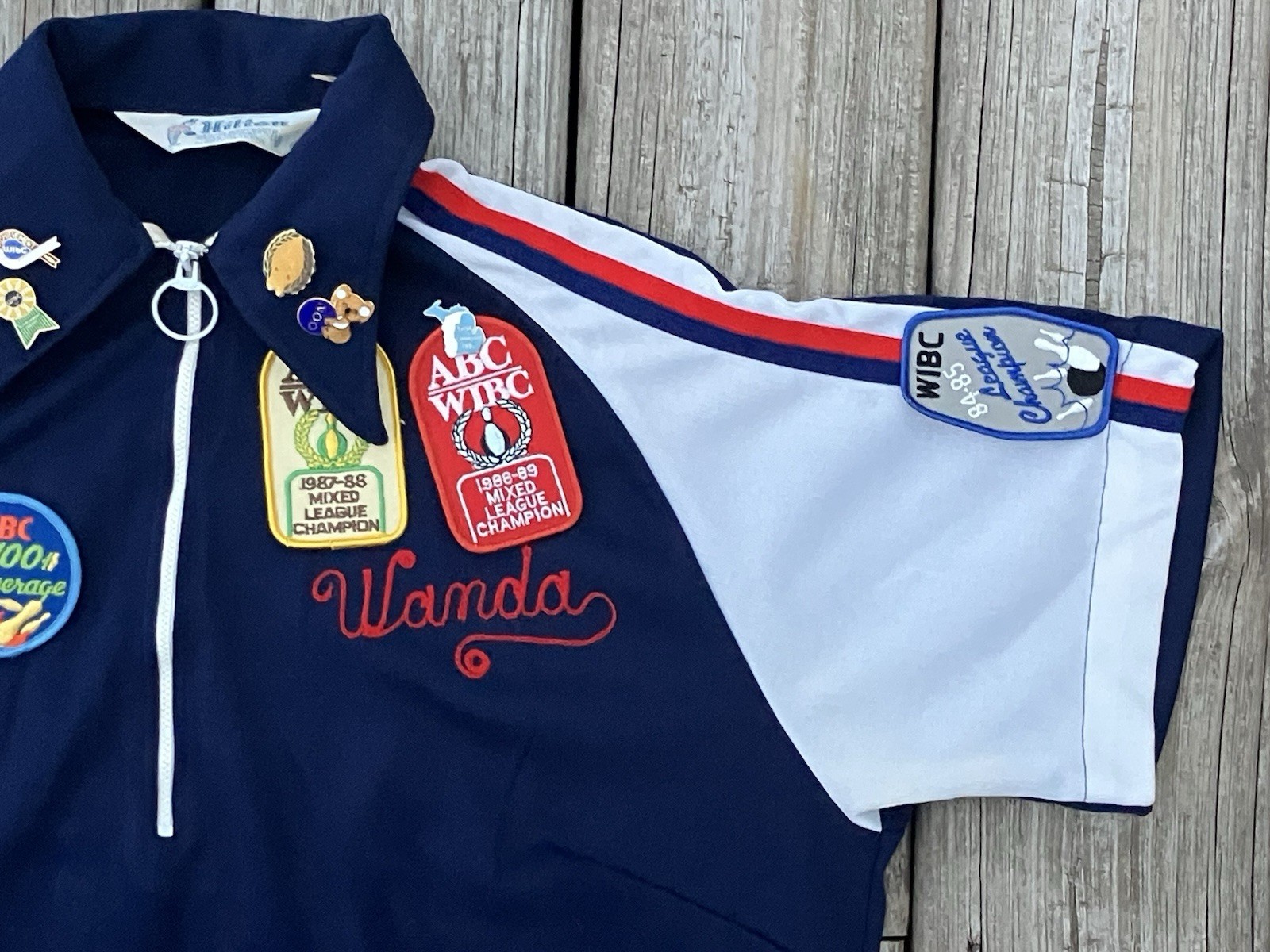 Vtg Bowling Shirt Womens Rockabilly Red White Blue Chain Stitch Pins Patches