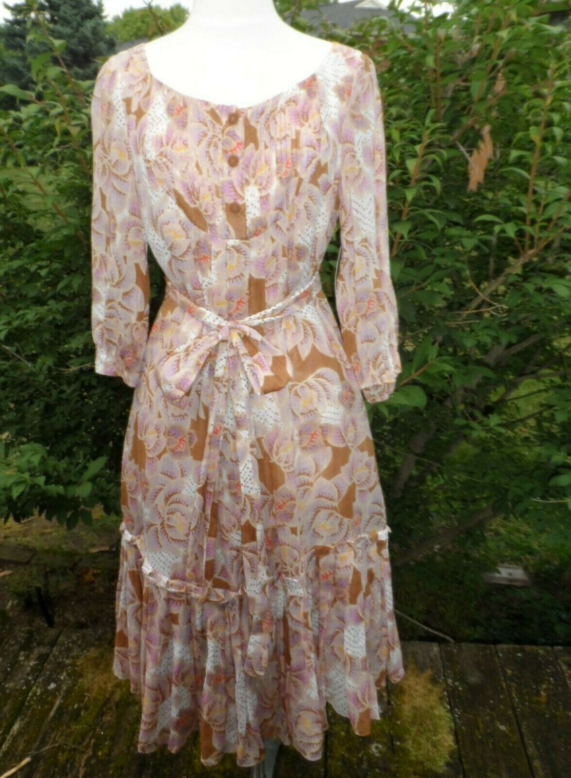 Vintage Diane Von Furstenberg Floral Cotton Silk Maxi Dress 10 Brown & Lavender