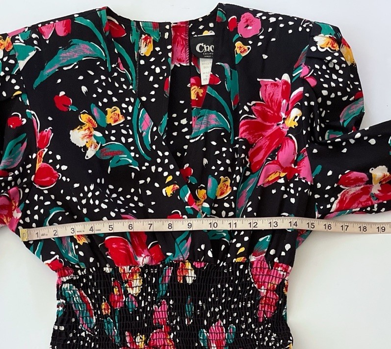 Vtg 80s Choon California USA Dress Women 6 Black Floral Print Peplum Cotton