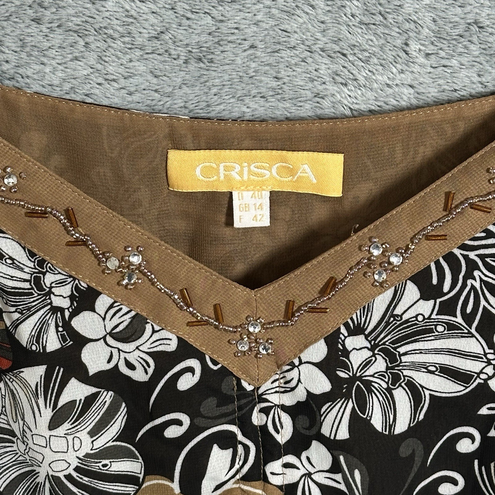 Vintage Crisca Women’s Dress US 40=Size 8/10 Floral Neck Beaded Flowy Retro Boho
