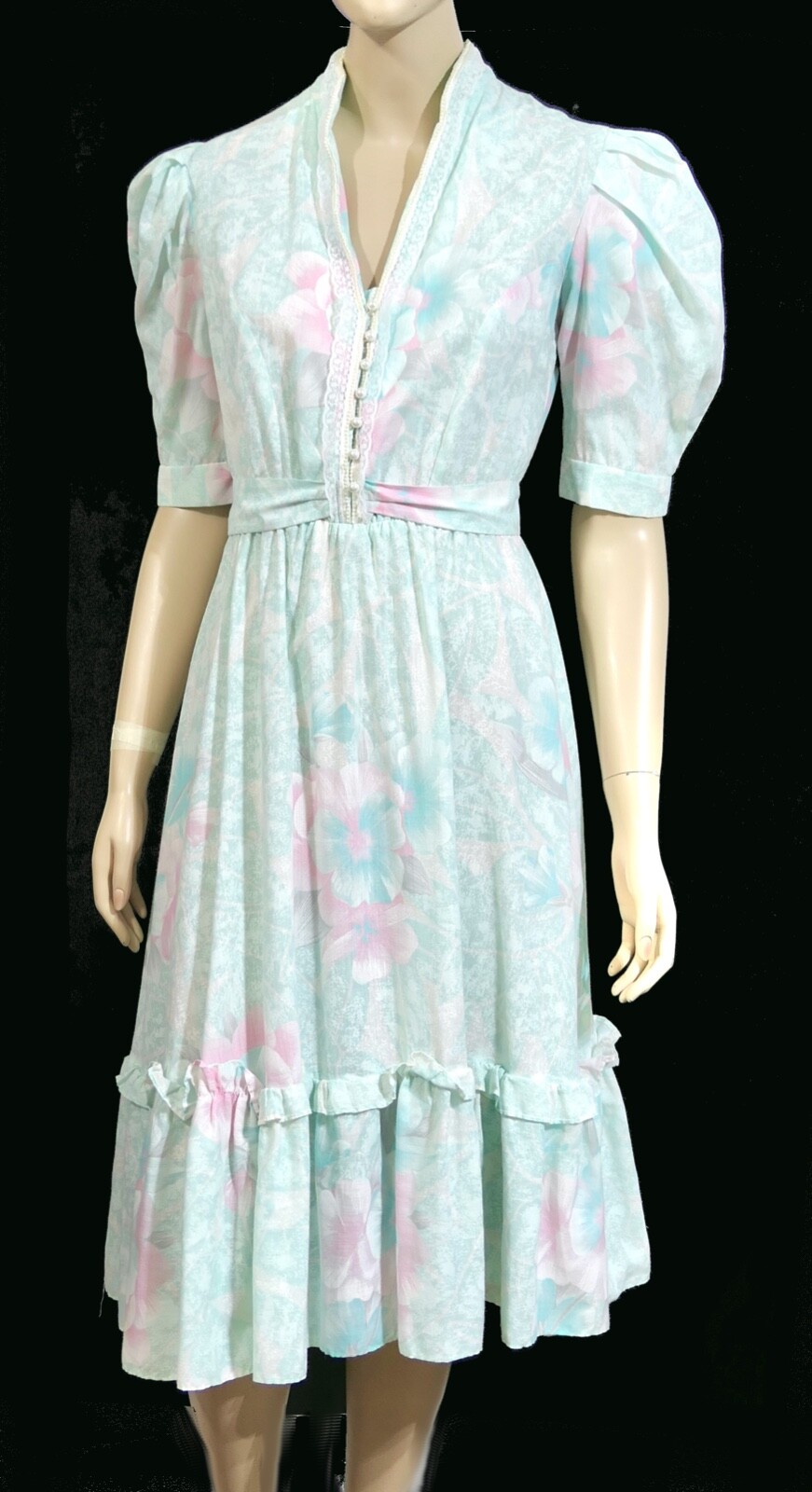 Vintage 70s Boho Seafoam Pearl Lace Puff Shoulder Tea Prairie Dress M L 11/12
