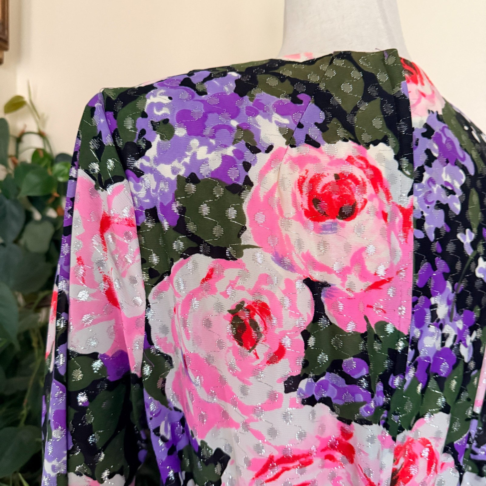 Vintage Purple Floral Hostess Gown Empire Waist Maxi Dress Silver Lurex Dots