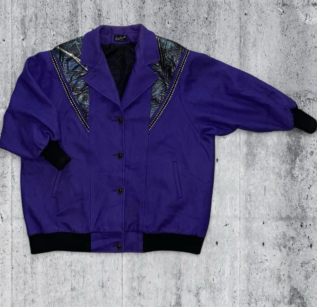 Lady Suzette 1980s Purple Wool Leather Jacket Black Trim Unique Button USA