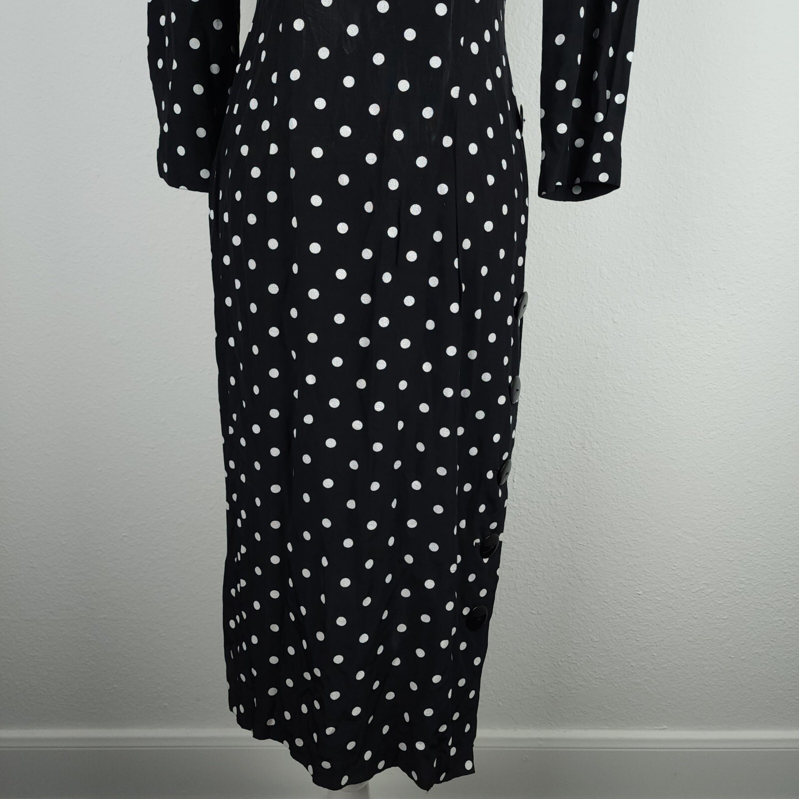 Vintage 80s 1940s DiamondsRun Black White Midi Pencil Dress Long Sleeve PolkaDot